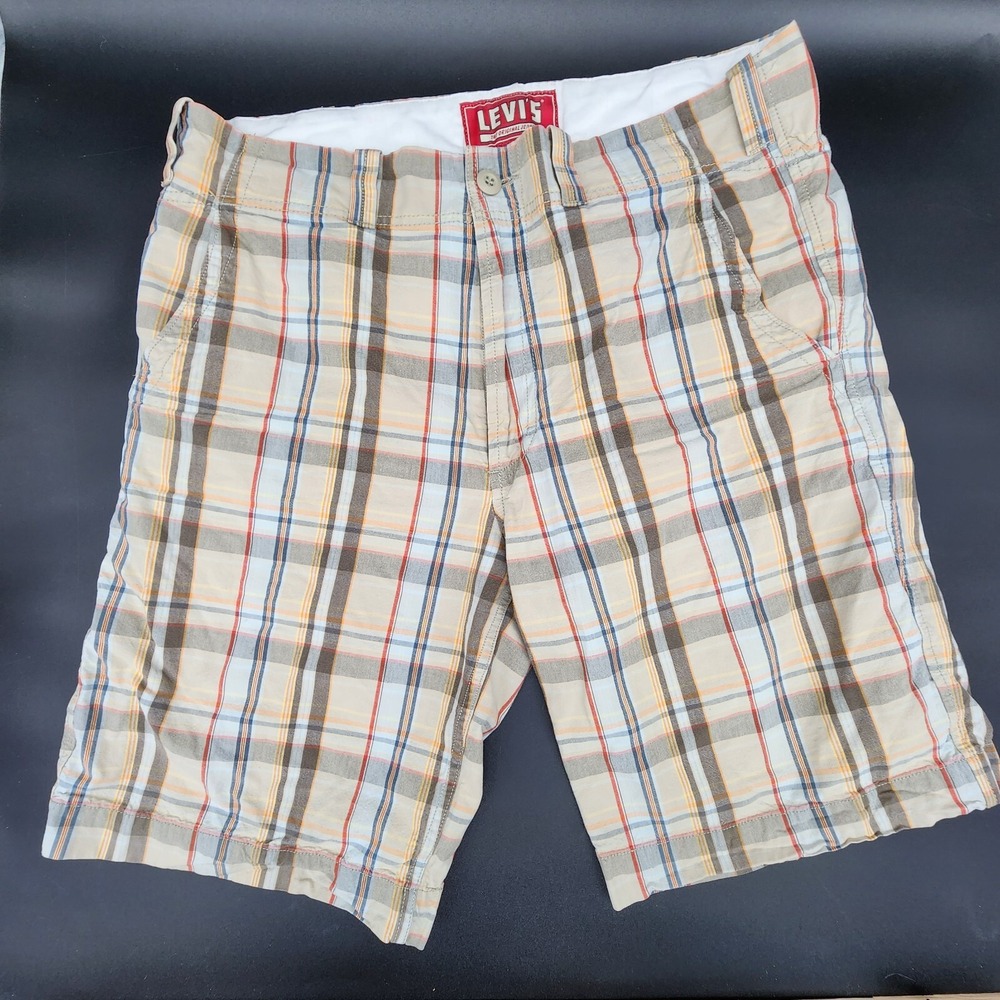 Levis Mens W 36 Seaside Flat Front Shorts‎ White Blue Brown Check Cotton EUC